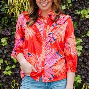 Tropical Leaf Print Button Down Shirt